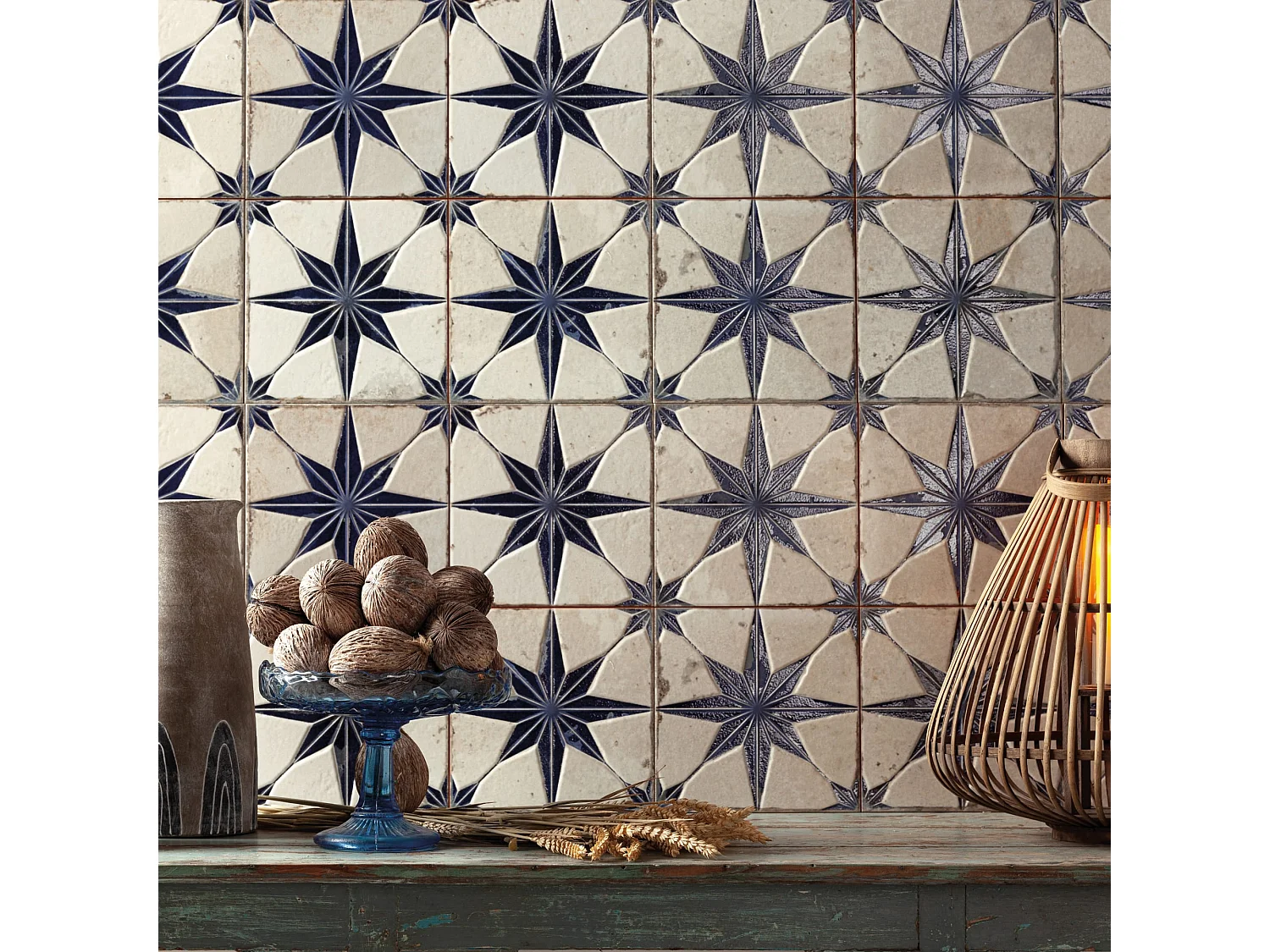 Carrelage Vintage effet Carreau ciment 3D Etoile Bleue et Fond Blanc 45x45x0,95 cm Sparta - Sol et mur intérieur (vendu par carton de 1 m²) - RO'MA CARRELAGE