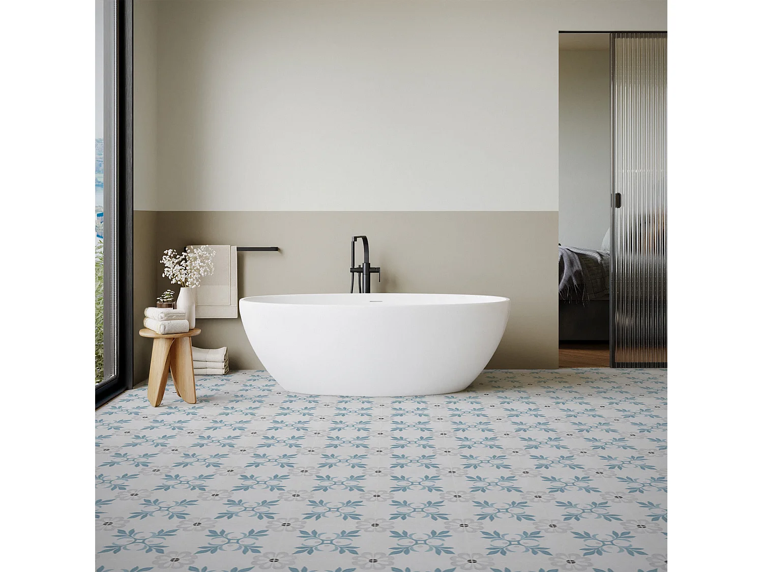 Carrelage effet Carreau ciment Roselis Bleu 22,3x22,3x0,9 cm Ventoril - Sol et mur intérieur (vendu par carton de 0,65 m²) - RO'MA CARRELAGE