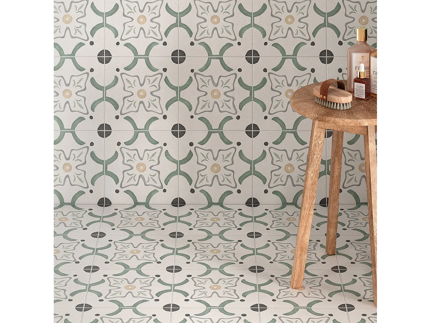 Carrelage effet Carreau ciment Sorella Vert 22,3x22,3x0,9 cm Ventoril - Sol et mur intérieur (vendu par carton de 0,65 m²) - RO'MA CARRELAGE