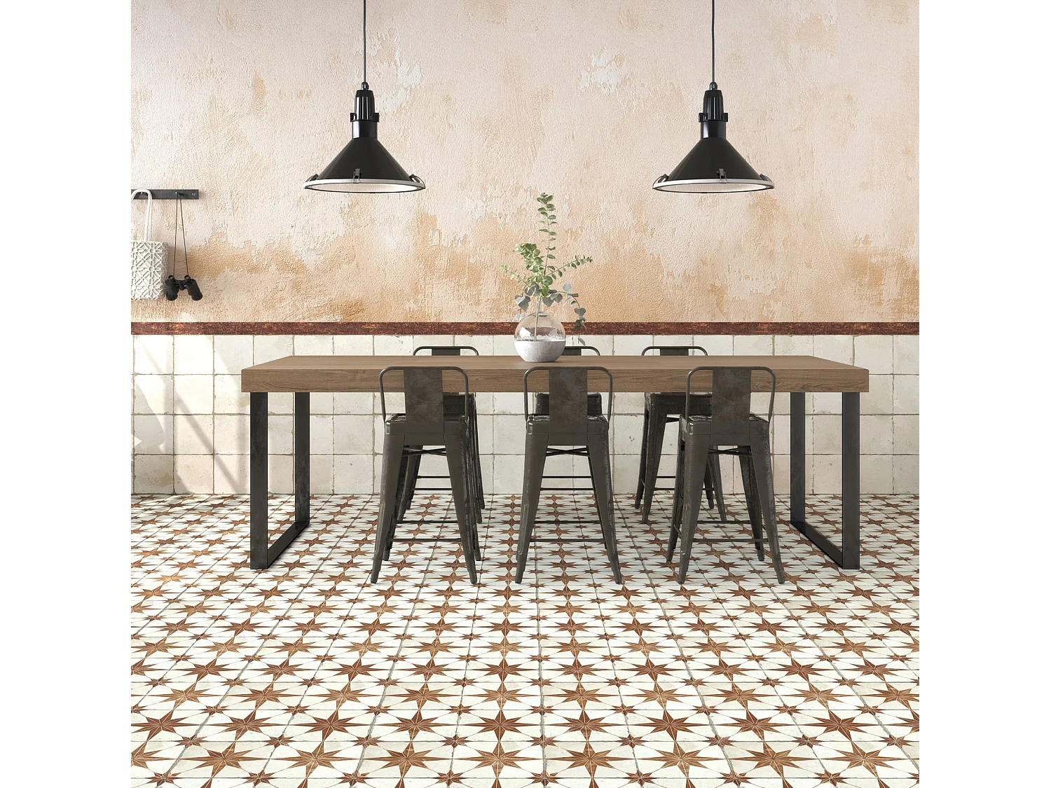Carrelage Vintage effet Carreau ciment Etoile Orange et Fond Blanc 45x45x0,95 cm Sparta - Sol et mur intérieur (vendu par carton de 1 m²) - RO'MA CARRELAGE