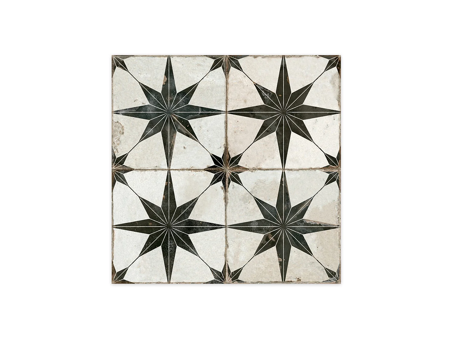 Carrelage Vintage effet Carreau ciment Etoile Noire et Fond Blanc 45x45x0,95 cm Sparta - Sol et mur intérieur (vendu par carton de 1 m²) - RO'MA CARRELAGE