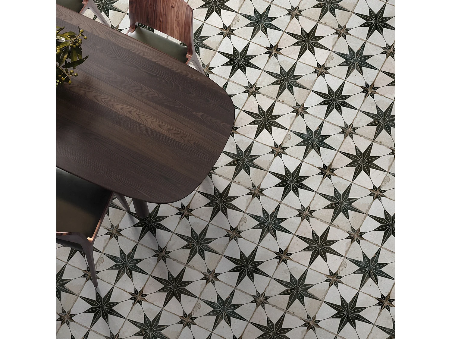 Carrelage Vintage effet Carreau ciment Etoile Noire et Fond Blanc 45x45x0,95 cm Sparta - Sol et mur intérieur (vendu par carton de 1 m²) - RO'MA CARRELAGE