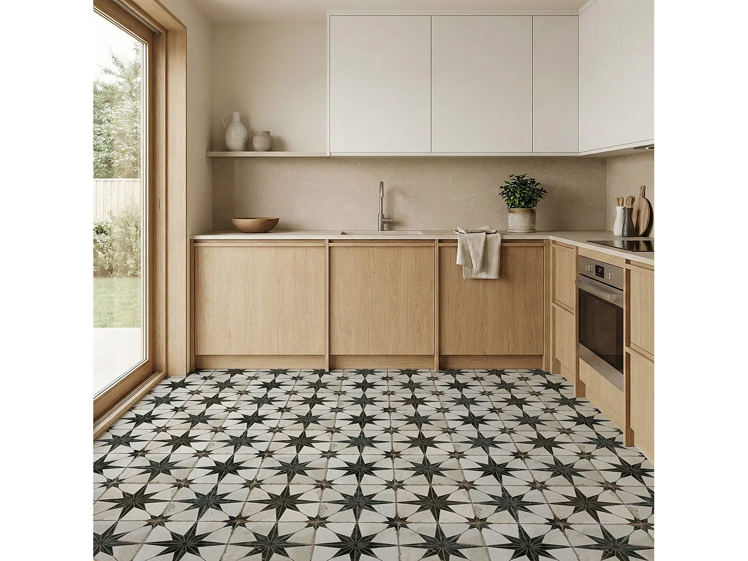 Carrelage Vintage effet Carreau ciment Etoile Noire et Fond Blanc 45x45x0,95 cm Sparta - Sol et mur intérieur (vendu par carton de 1 m²) - RO'MA CARRELAGE