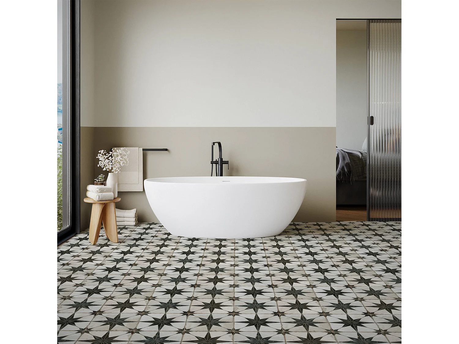 Carrelage Vintage effet Carreau ciment Etoile Noire et Fond Blanc 45x45x0,95 cm Sparta - Sol et mur intérieur (vendu par carton de 1 m²) - RO'MA CARRELAGE