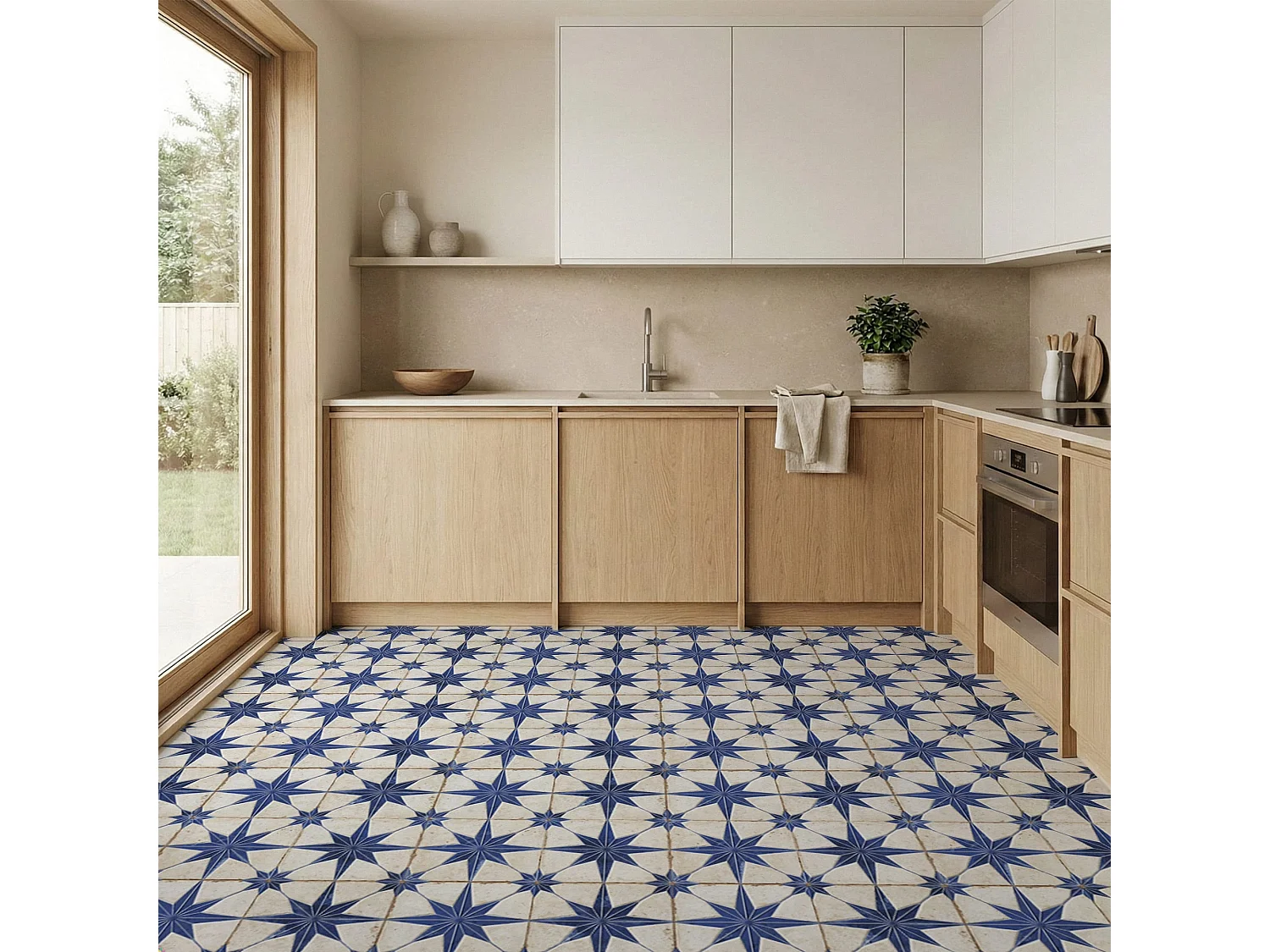 Carrelage Vintage effet Carreau ciment 3D Etoile Bleue et Fond Blanc 22,3x22,3x0,9 cm Sparta - Sol et mur intérieur (vendu par carton de 0,65 m²) - RO'MA CARRELAGE