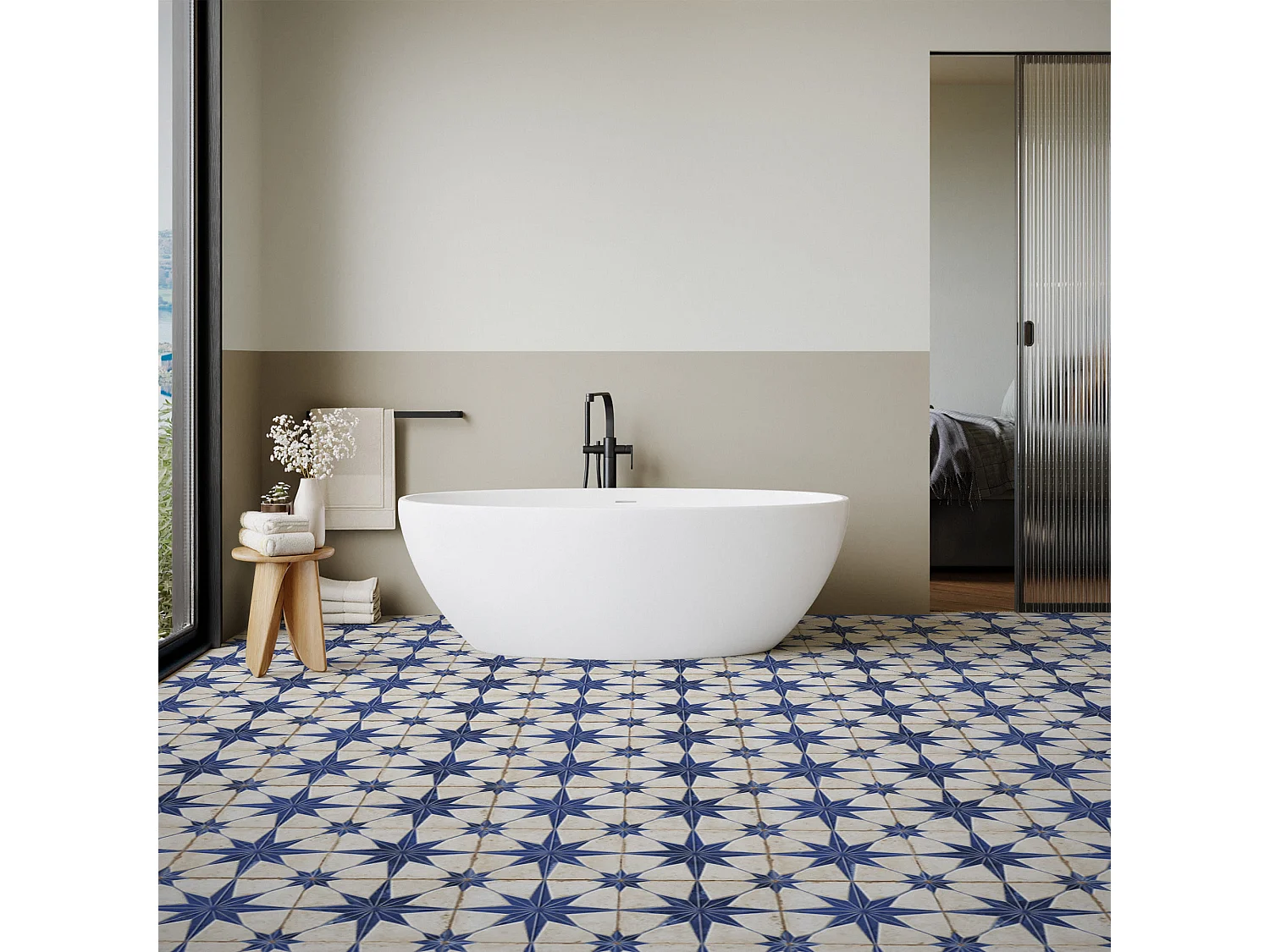 Carrelage Vintage effet Carreau ciment 3D Etoile Bleue et Fond Blanc 22,3x22,3x0,9 cm Sparta - Sol et mur intérieur (vendu par carton de 0,65 m²) - RO'MA CARRELAGE