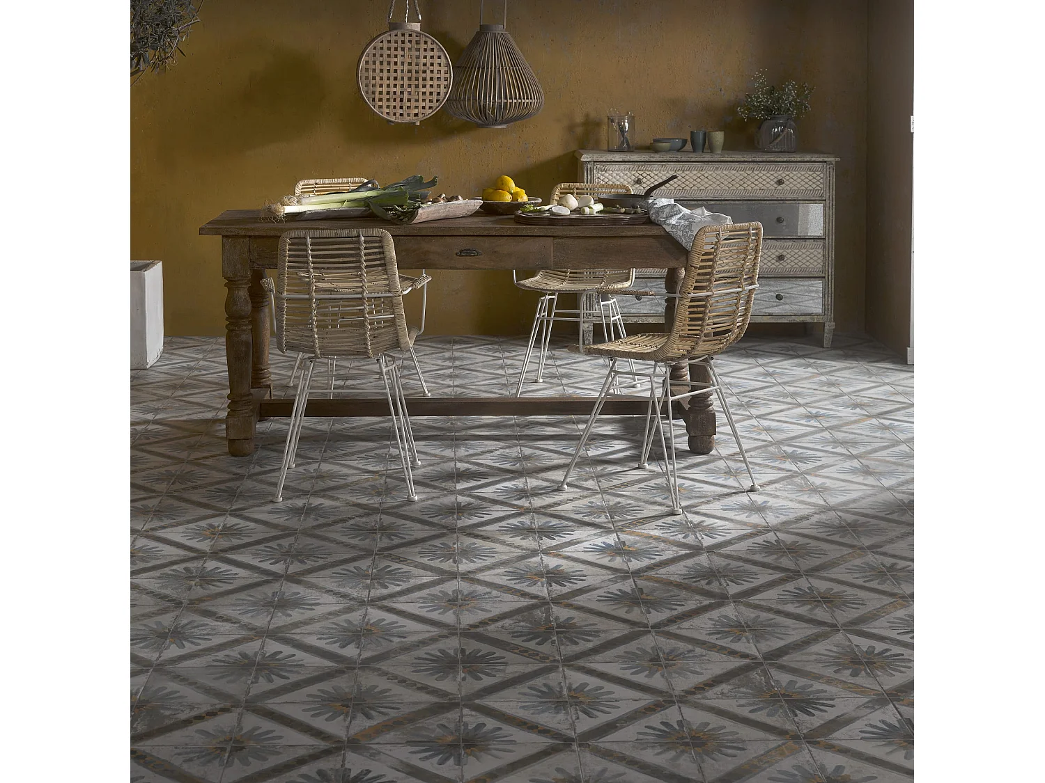 Carrelage Vintage effet Carreau ciment Bleu 45x45x0,95 cm Solaria - Sol et mur intérieur (vendu par carton de 1 m²) - RO'MA CARRELAGE