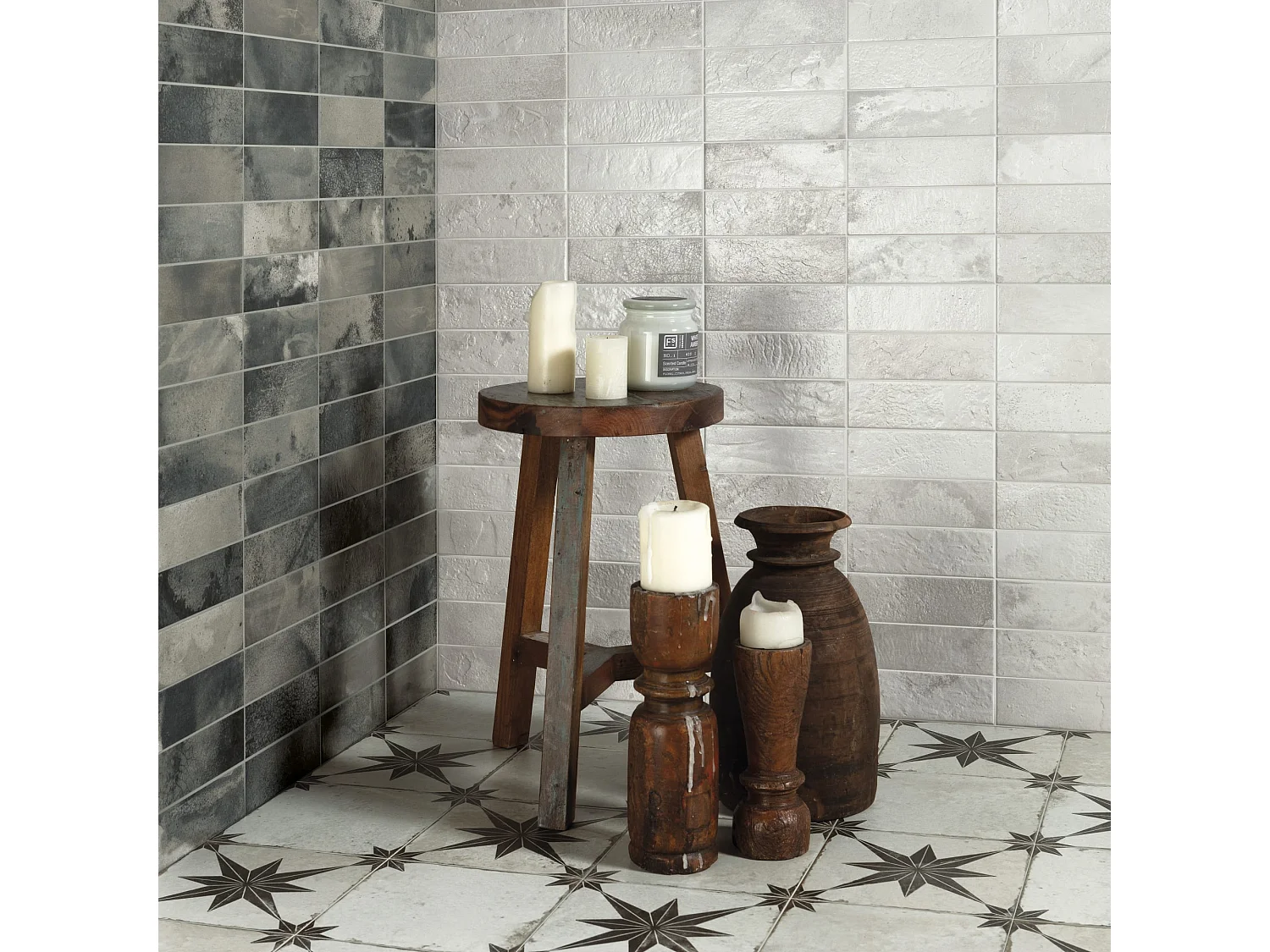 Carrelage Vintage effet Carreau ciment Mix Etoile Noire et Fond Blanc 45x45x0,95 cm Sparta - Sol et mur intérieur (vendu par carton de 1 m²) - RO'MA CARRELAGE