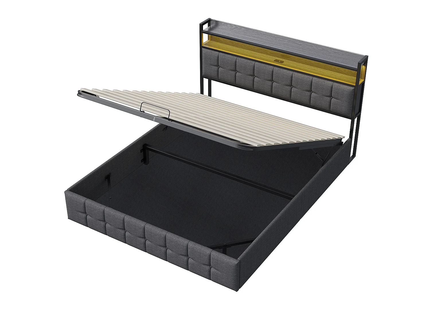 Lit Coffre 140x190 cm Hydraulique avec LED, USB/Type-C et Tête de Lit en Tissu Lin Gris