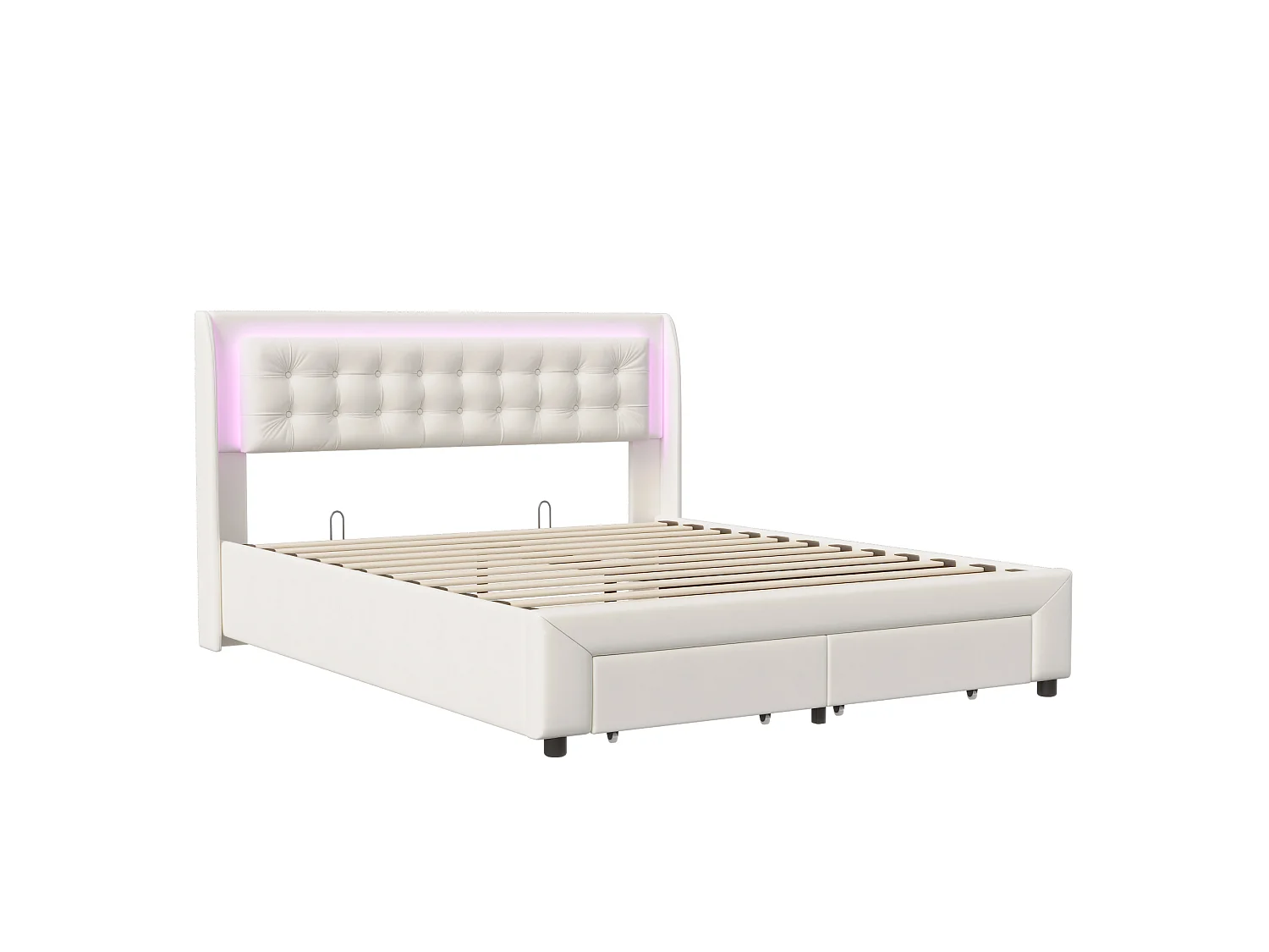 Lit Coffre 140x190 cm Hydraulique avec LED RGB et Tiroir, Velours Beige