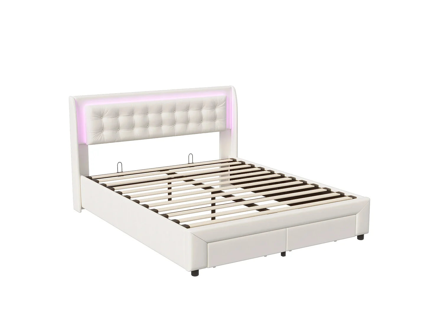 Lit Coffre 140x190 cm Hydraulique avec LED RGB et Tiroir, Velours Beige