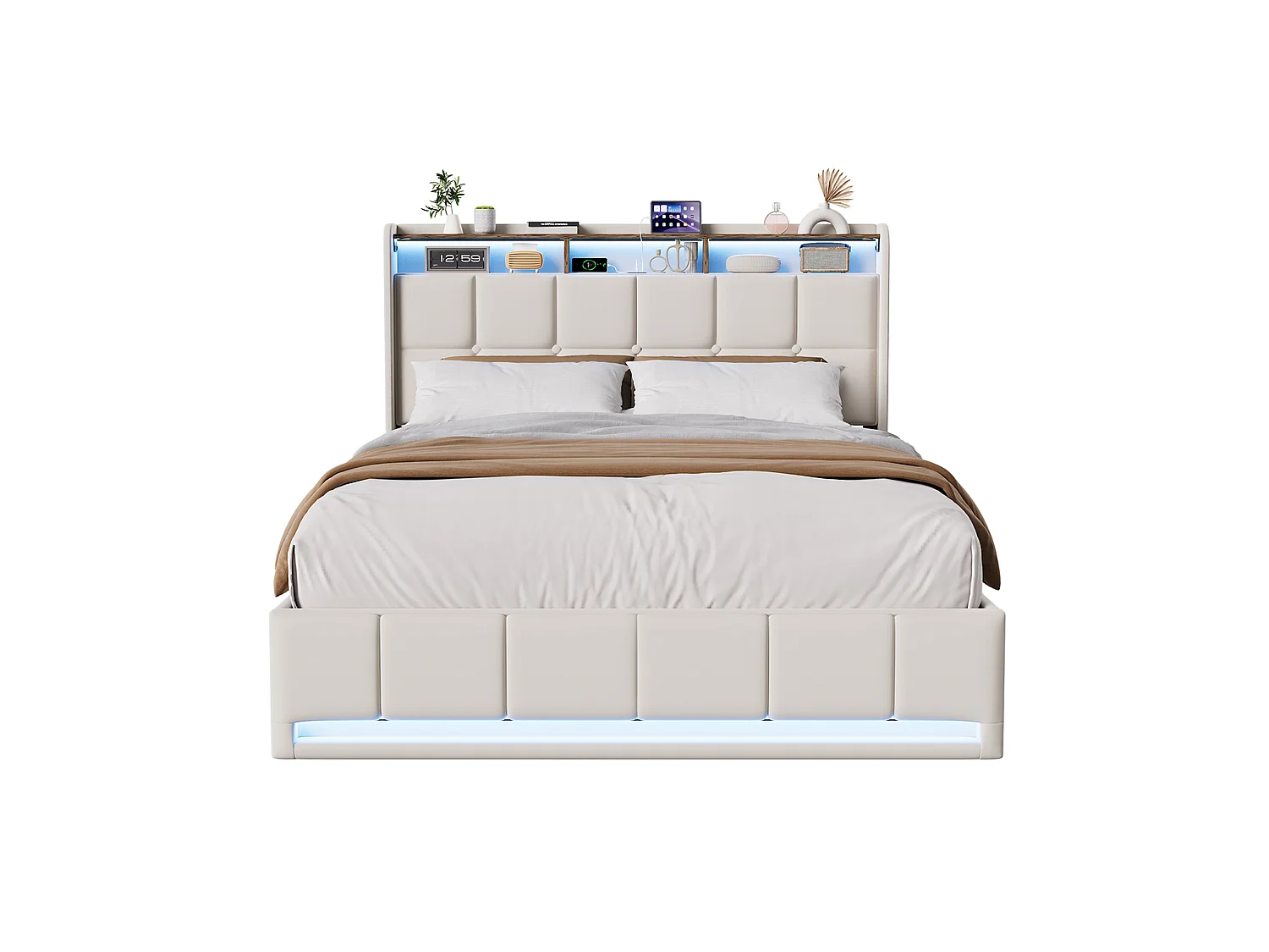 Lit 140 x 190 cm avec Tête de Lit à Rangement, Coffre à Vérin Hydraulique, LED et Ports USB/Type-C, Tissu Lin Beige