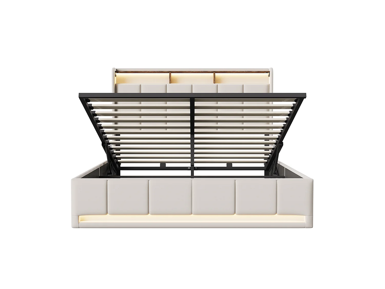 Lit 140 x 190 cm avec Tête de Lit à Rangement, Coffre à Vérin Hydraulique, LED et Ports USB/Type-C, Tissu Lin Beige