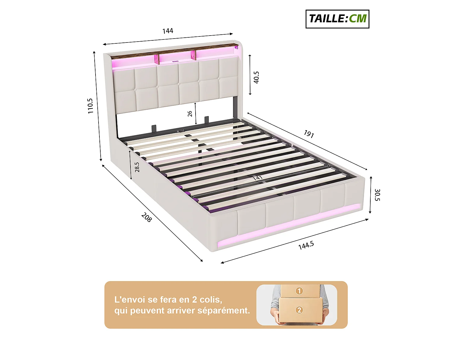Lit 140 x 190 cm avec Tête de Lit à Rangement, Coffre à Vérin Hydraulique, LED et Ports USB/Type-C, Tissu Lin Beige