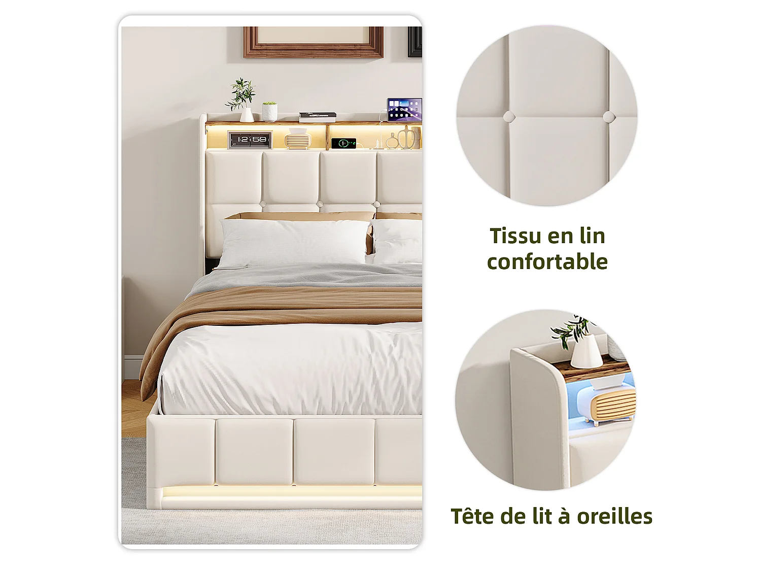 Lit 140 x 190 cm avec Tête de Lit à Rangement, Coffre à Vérin Hydraulique, LED et Ports USB/Type-C, Tissu Lin Beige