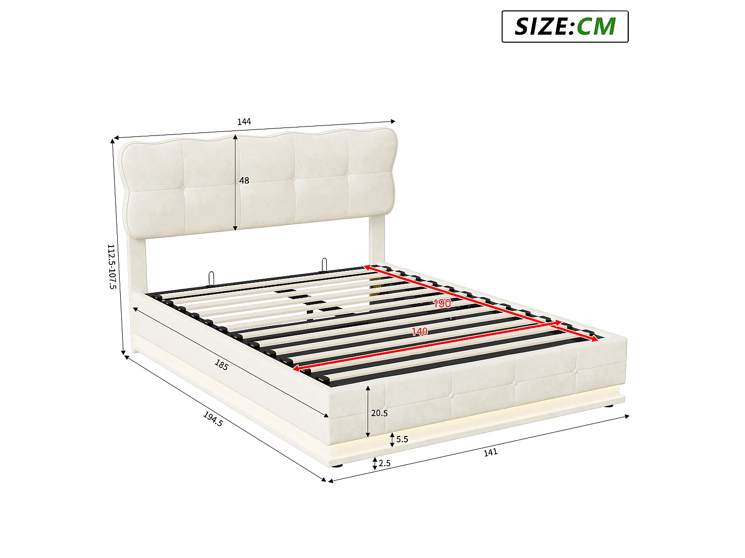 Lit coffre 140x190 cm ,lit 2 places,avec sommier et rangement,LED,velours,beige