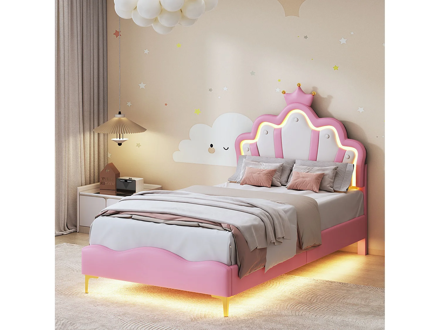 Lit 90x200 cm avec LED et Couronne, Tête de Lit en Forme de Nuage, Cuir PU Rose