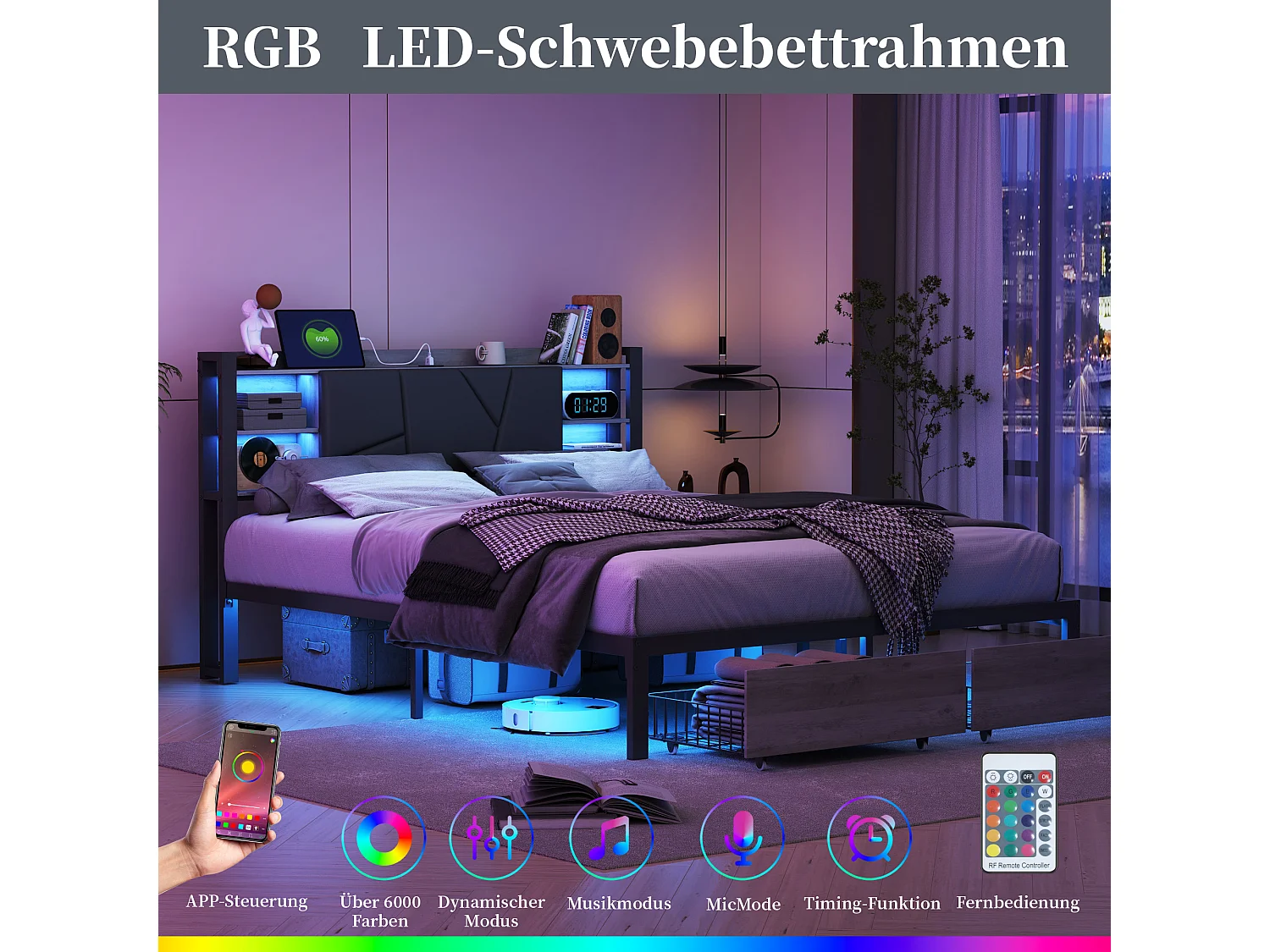 Lit 160x200 cm avec LED,2 tiroirs, tête de lit avec étagère et prises, PU,noir