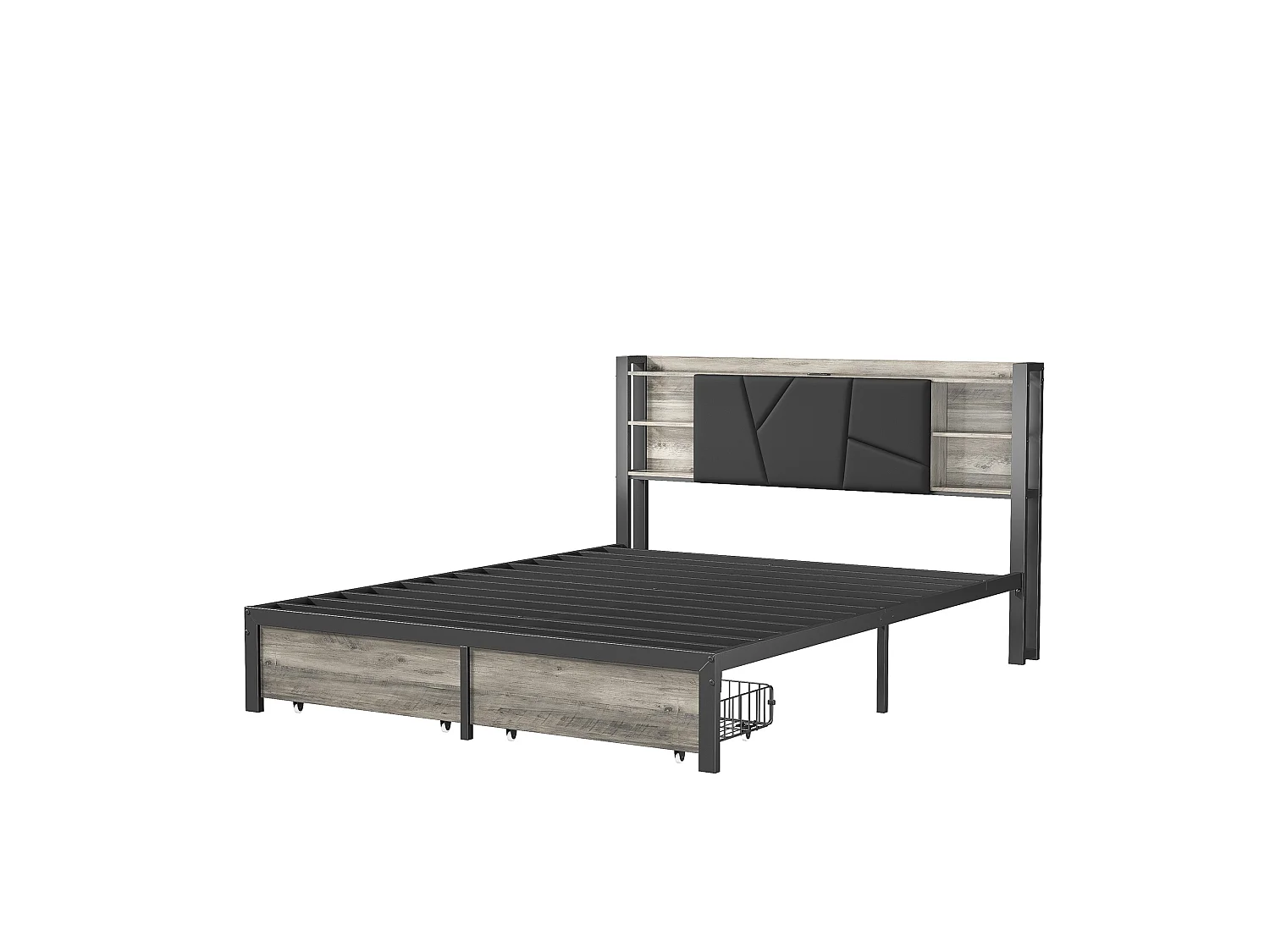 Lit 160x200 cm avec LED,2 tiroirs, tête de lit avec étagère et prises, PU,noir