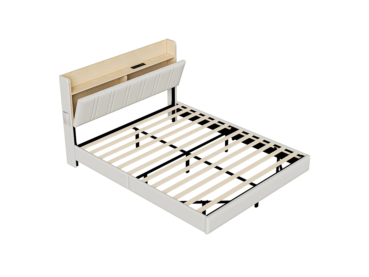Lit 140 x 190 cm avec sommier et LED, tête de lit avec rangement intégré, ports USB et Type-C,PU,blanc