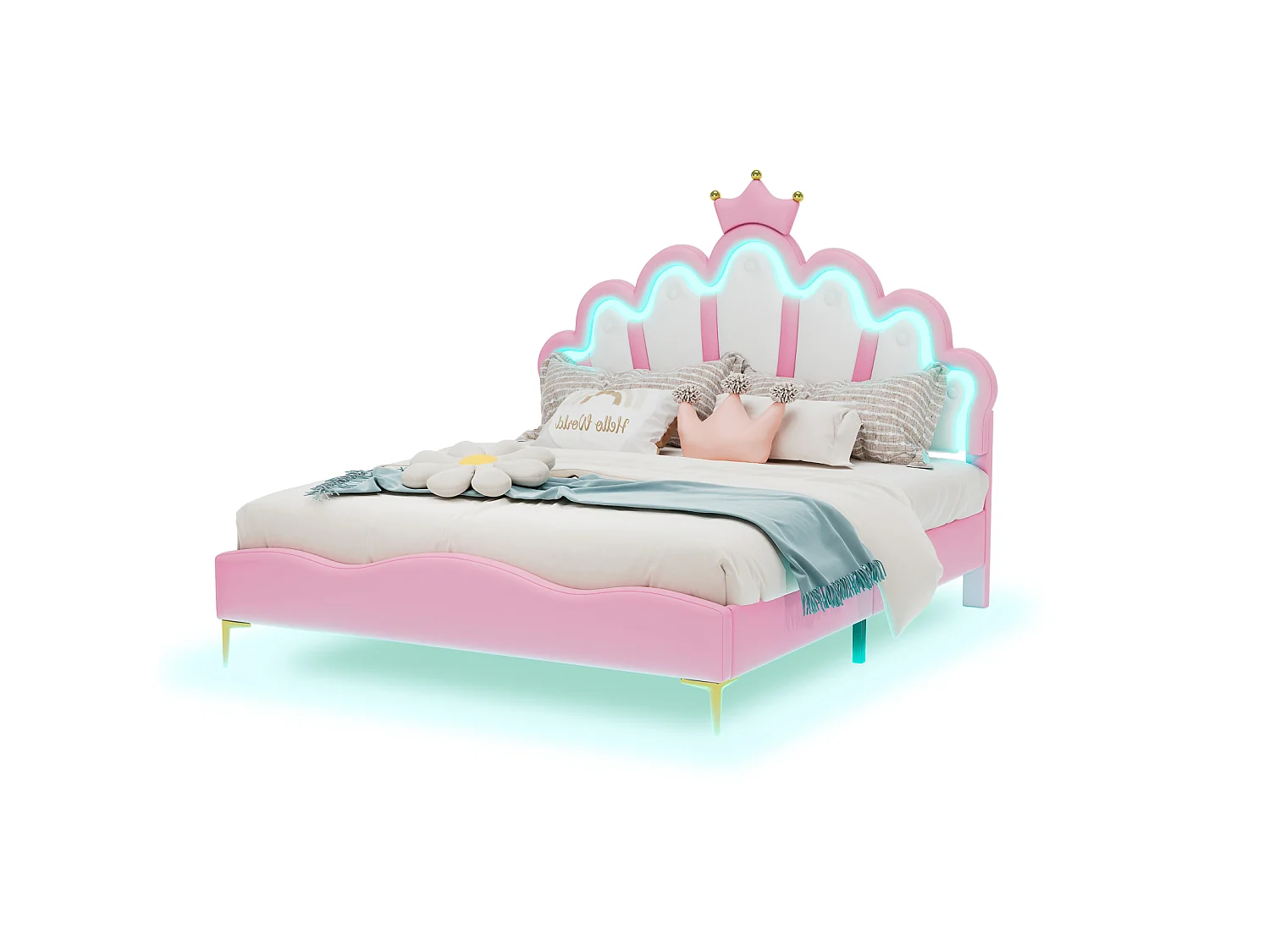 Lit 140 x 190cm, lit de princesse en forme de couronne, avec sommier et LED, PU,rose