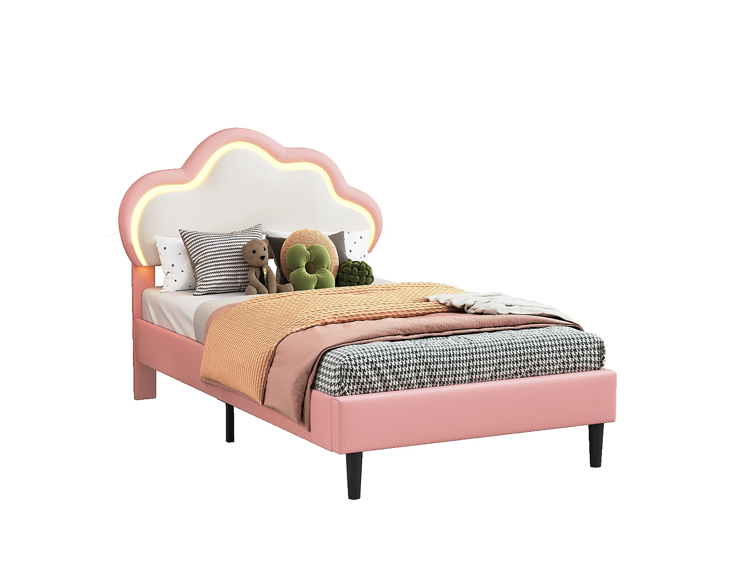 Lit enfant 90 x 200 cm, lit 1 place avec sommier, tête de lit en forme de nuage et LED, PU Cuir, rose