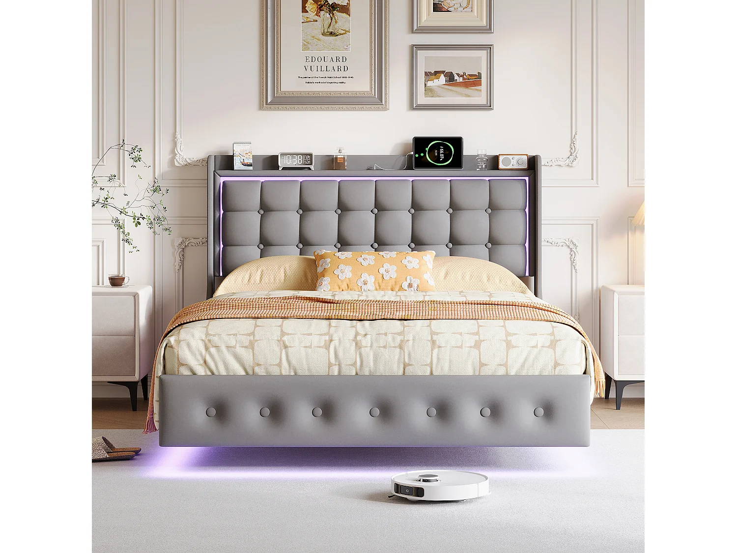 Lit 160x200 cm Design Suspendu avec LED, USB/Type-C et Velours Gris Foncé
