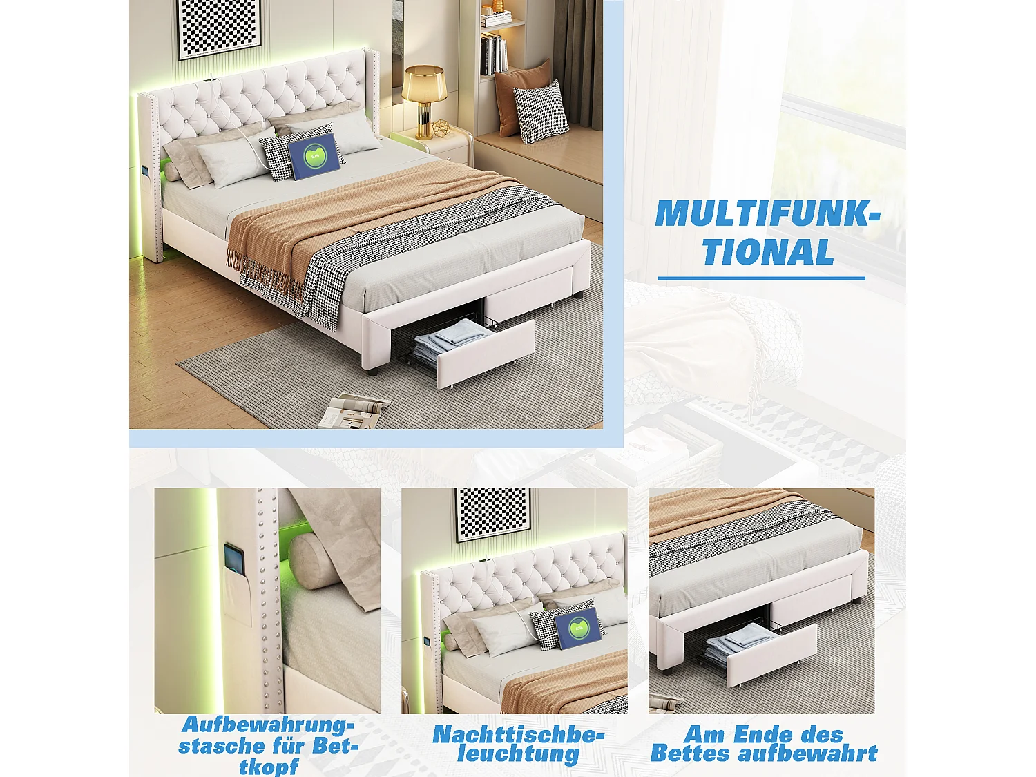 Lit adulte 140 x 190 cm, cadre de lit avec sommier et coffre, tête de lit avec USB, LED, 2 tiroirs, double rangée de clous, velours，beige