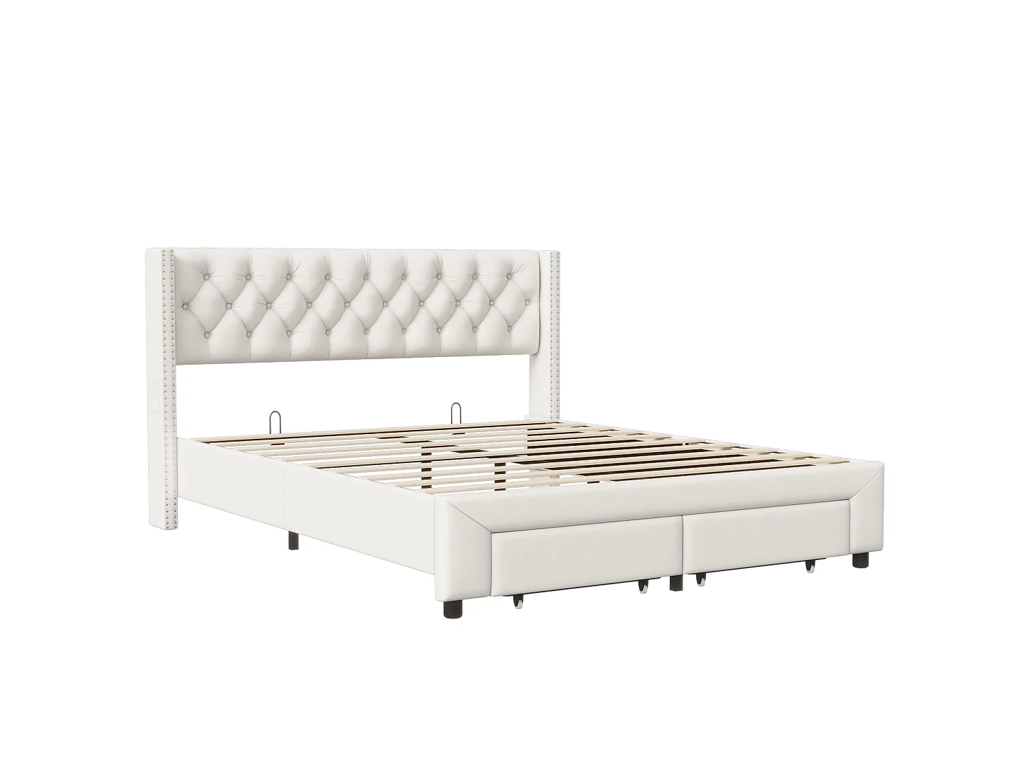 Lit adulte 140 x 190 cm, cadre de lit avec sommier et coffre, tête de lit avec USB, LED, 2 tiroirs, double rangée de clous, velours，beige