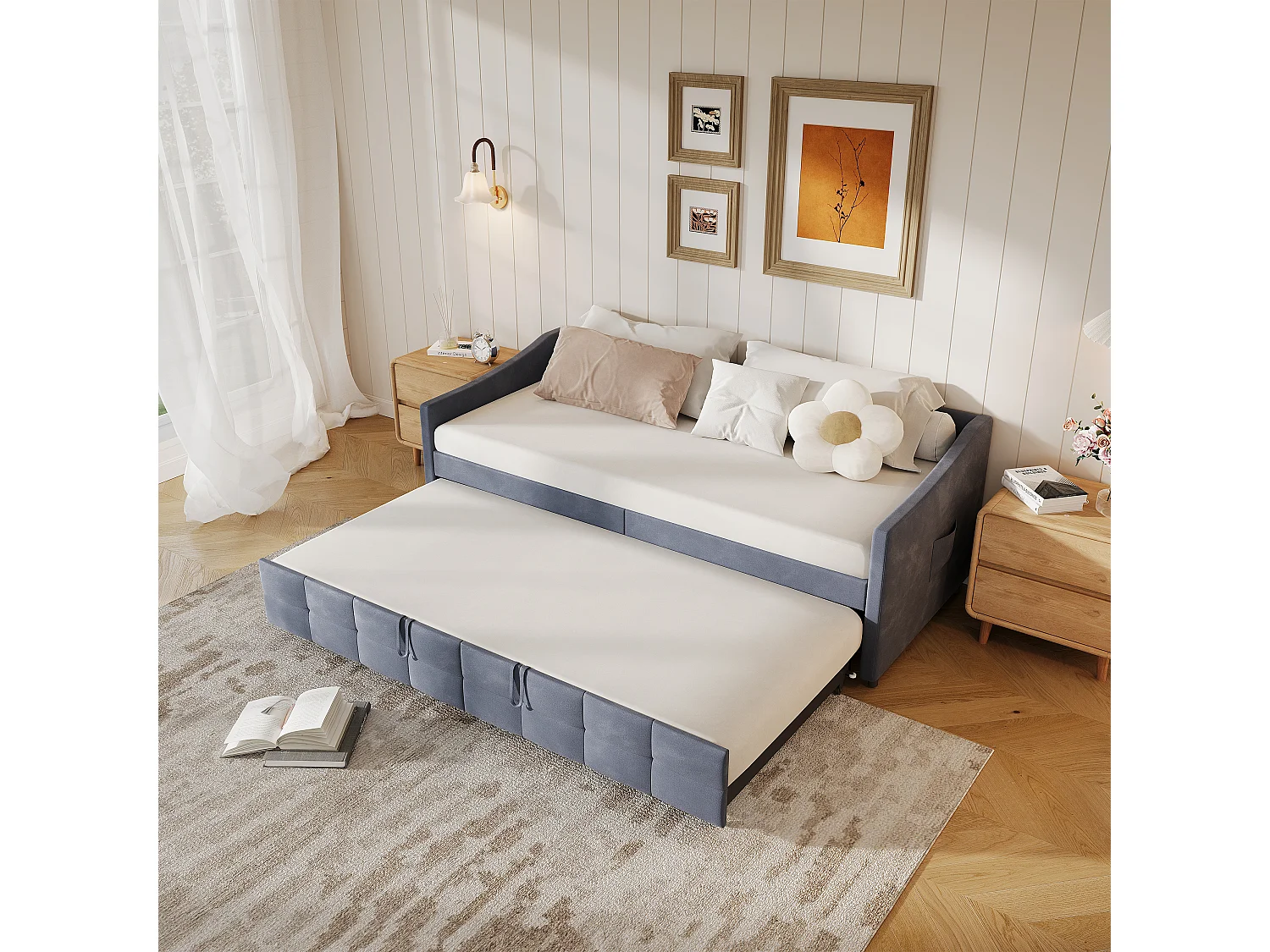 Lit gigogne 90/180 x 200 cm, avec sommier peigne et tiroirs, convertible en lit superposé, velours, gris