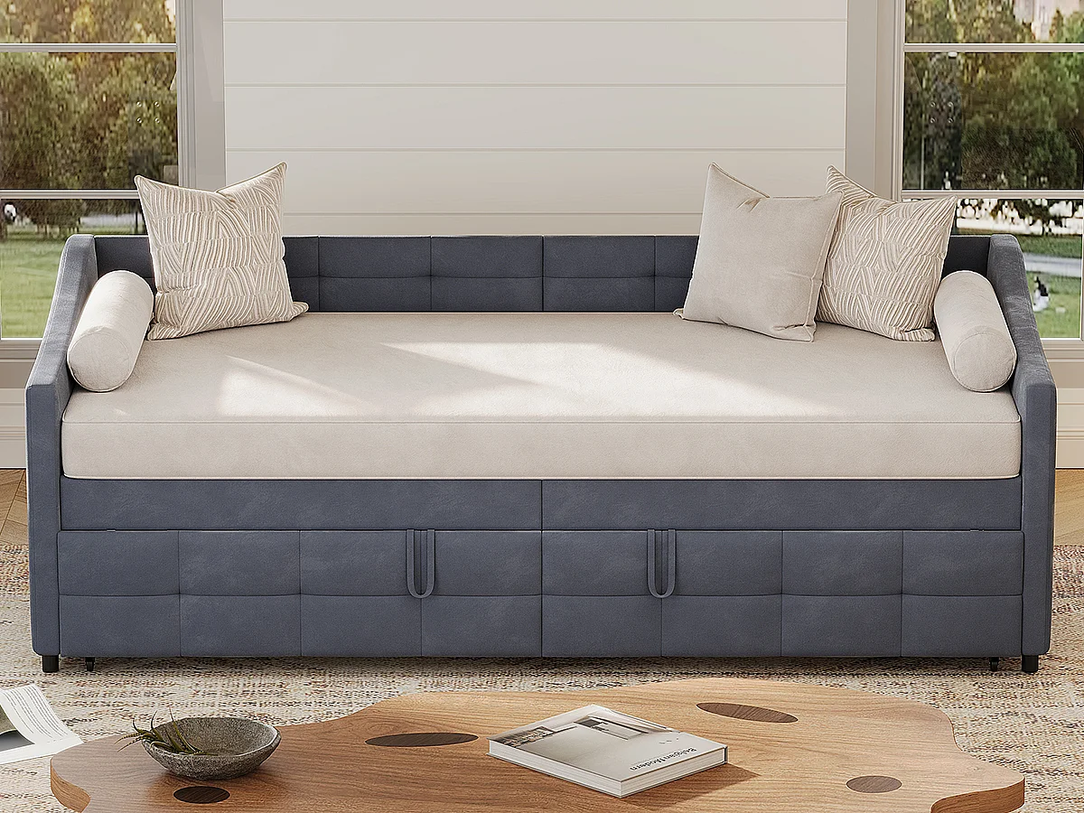 Lit gigogne 90/180 x 200 cm, avec sommier peigne et tiroirs, convertible en lit superposé, velours, gris
