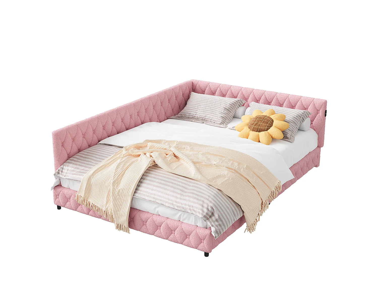 Lit Banquette 140x200 cm Hydraulique avec LED, USB/Type-C et Tête de Lit en Tissu Teddy Rose