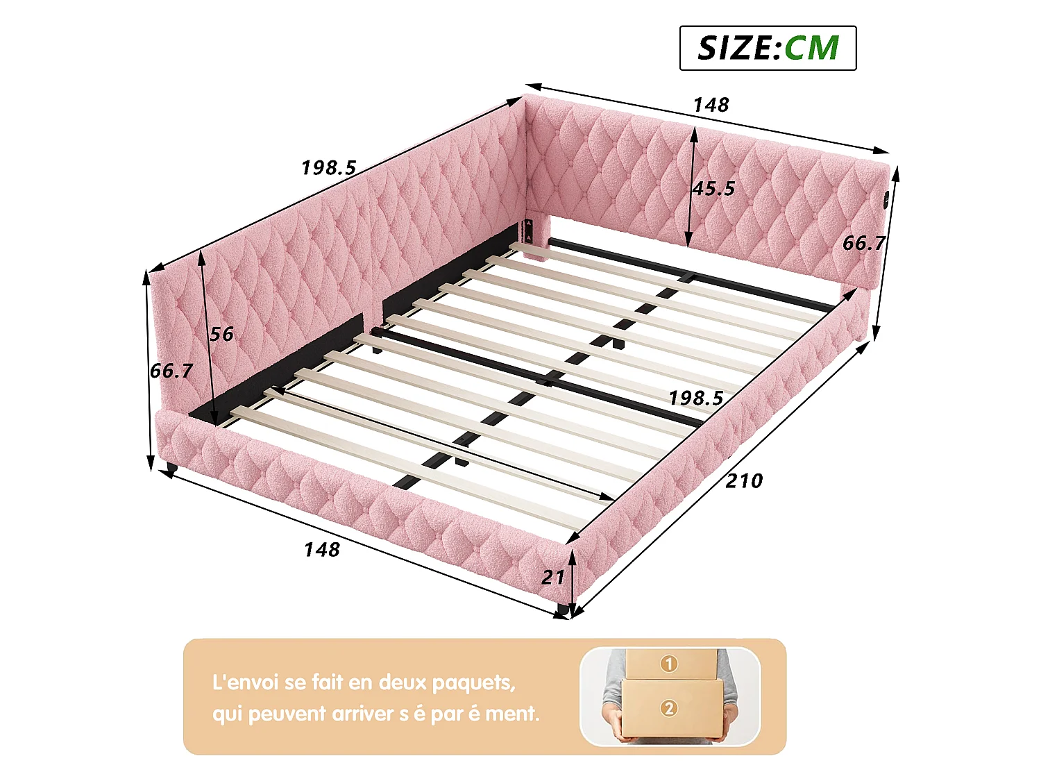 Lit Banquette 140x200 cm Hydraulique avec LED, USB/Type-C et Tête de Lit en Tissu Teddy Rose