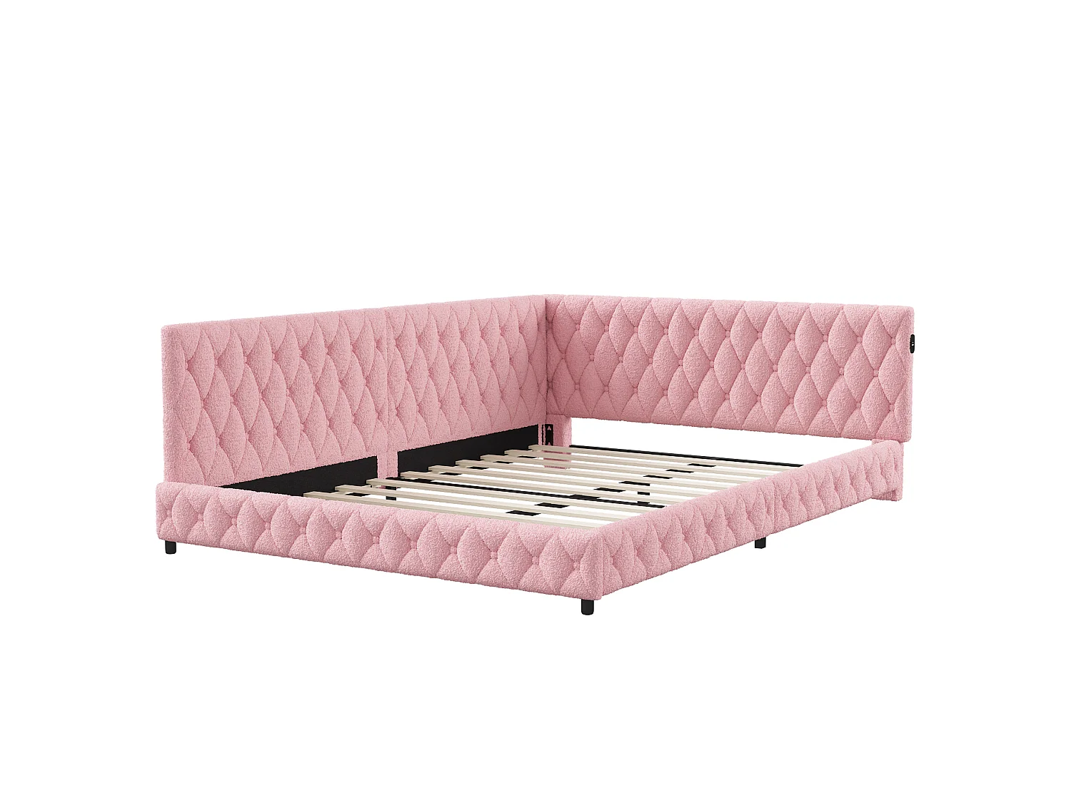 Lit Banquette 140x200 cm Hydraulique avec LED, USB/Type-C et Tête de Lit en Tissu Teddy Rose