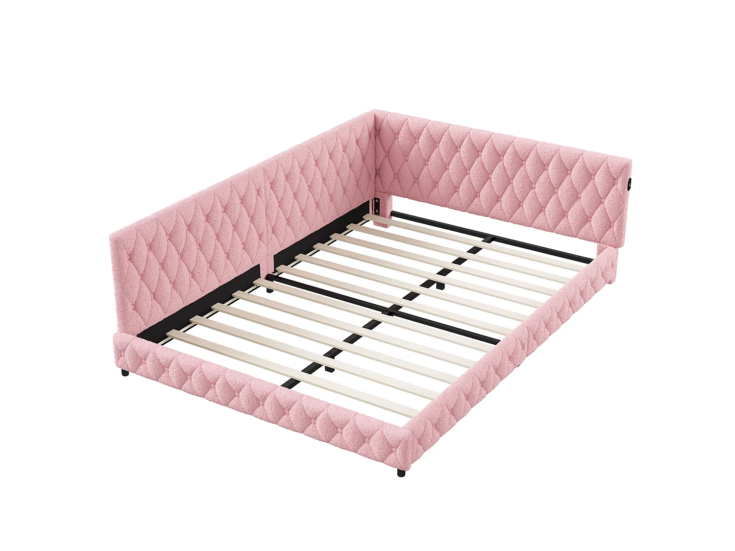 Lit Banquette 140x200 cm Hydraulique avec LED, USB/Type-C et Tête de Lit en Tissu Teddy Rose