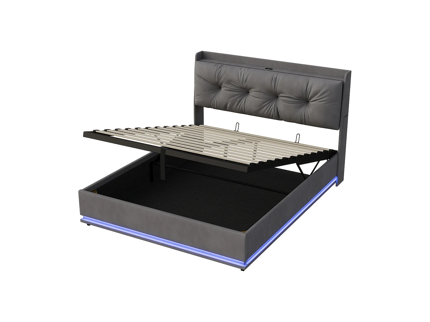 Lit coffre 140x190 cm avec sommier et rangement,LED,tête de lit avec 2 USB,1 Type-C,velours,gris