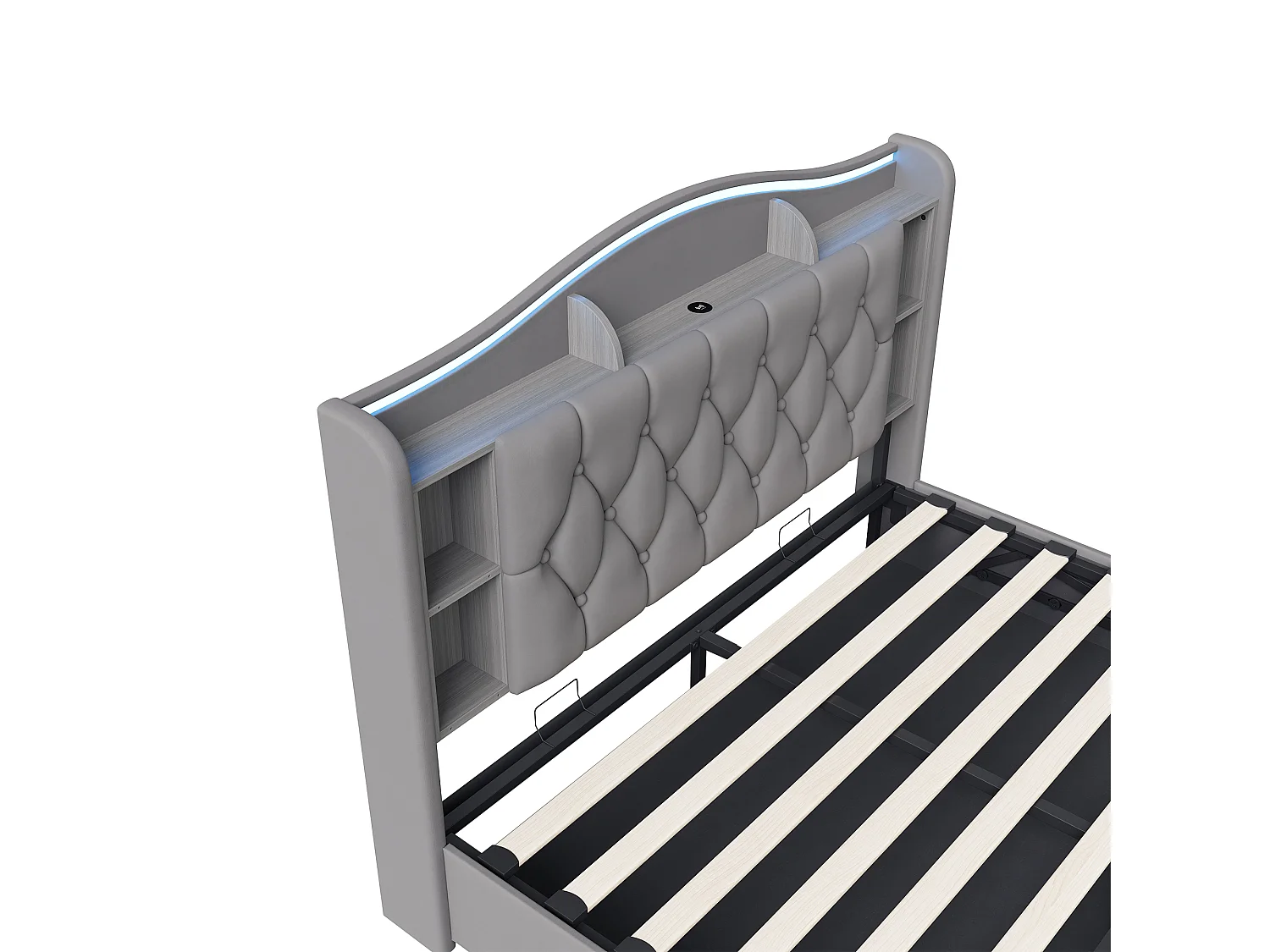 Lit coffre 140x190 cm avec sommier et rangement, tête de lit avec LED, USB et recharge sans fil, Velours, gris