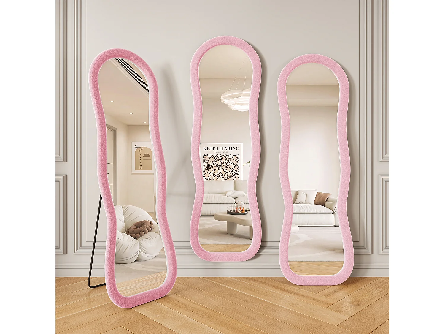 Miroir sur pied 160x50 cm,grand miroir de forme irrégulière ondulée,miroir coiffeuse,bordure en flanelle,verre trempé,rose