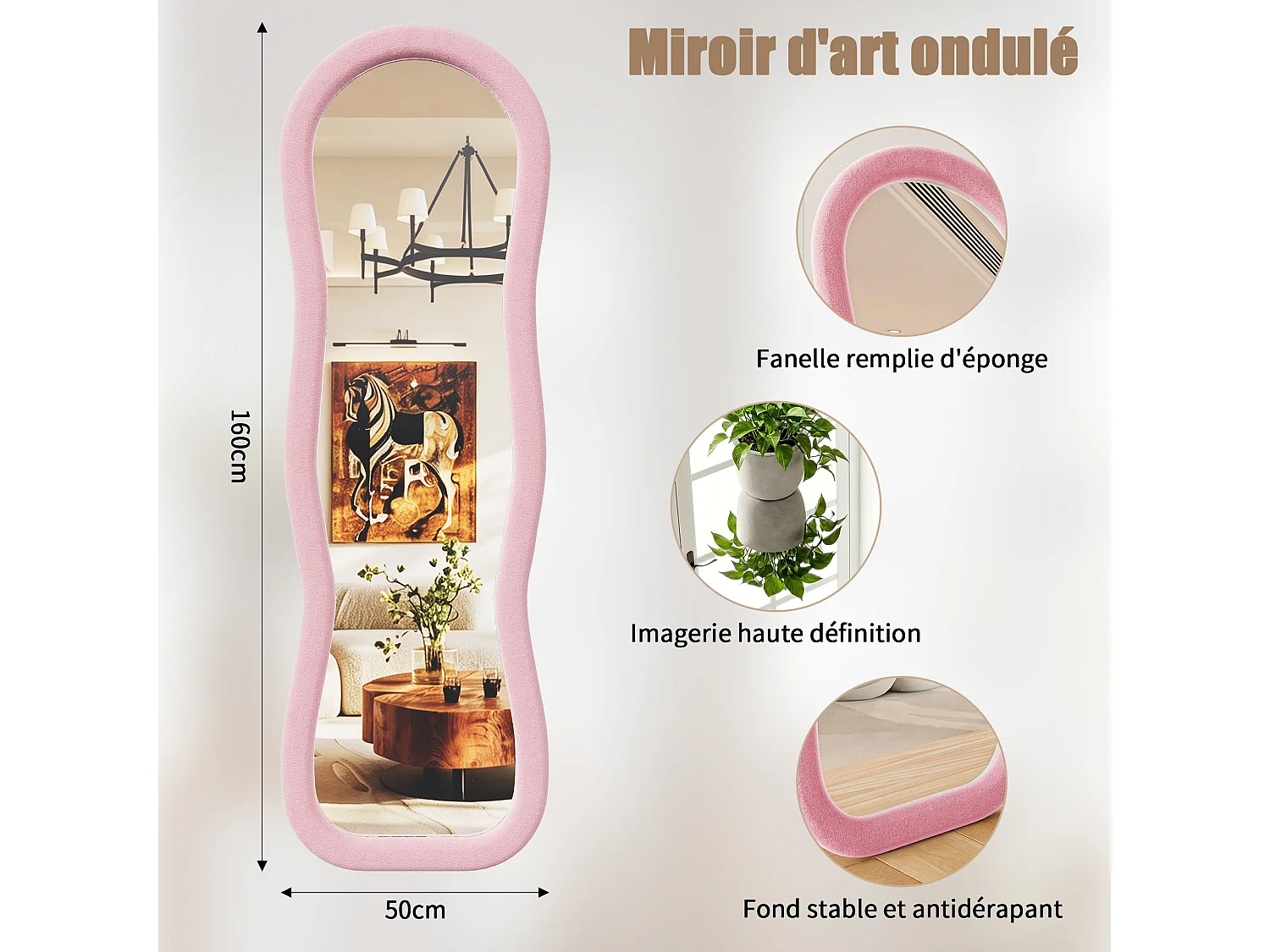 Miroir sur pied 160x50 cm,grand miroir de forme irrégulière ondulée,miroir coiffeuse,bordure en flanelle,verre trempé,rose