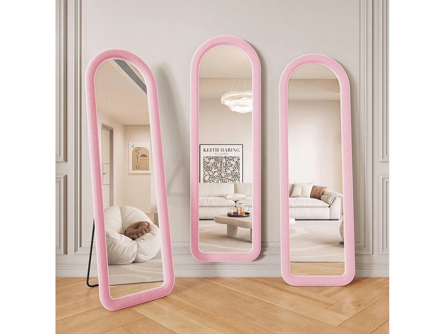 Miroir sur pied 165x50 cm,grand miroir arche,miroir coiffeuse,verre trempé,bordure en flanelle,rose