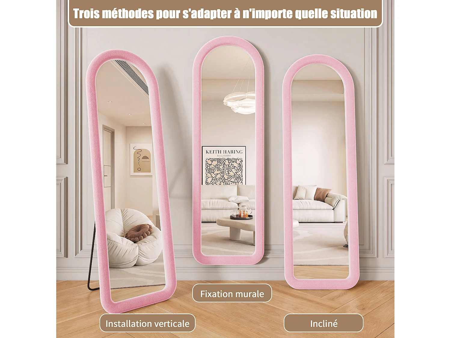 Miroir sur pied 165x50 cm,grand miroir arche,miroir coiffeuse,verre trempé,bordure en flanelle,rose