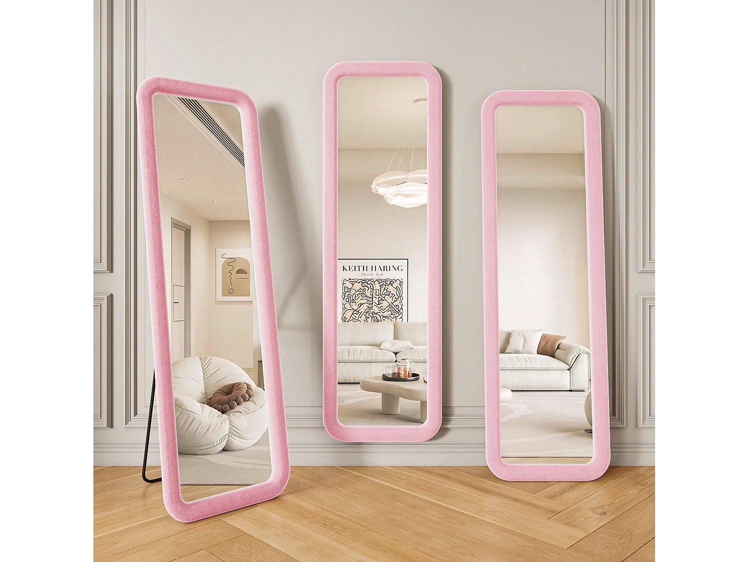 Miroir sur pied 160x50 cm,grand miroir rectangulair,miroir coiffeuse,verre trempé,bordure en flanelle,rose