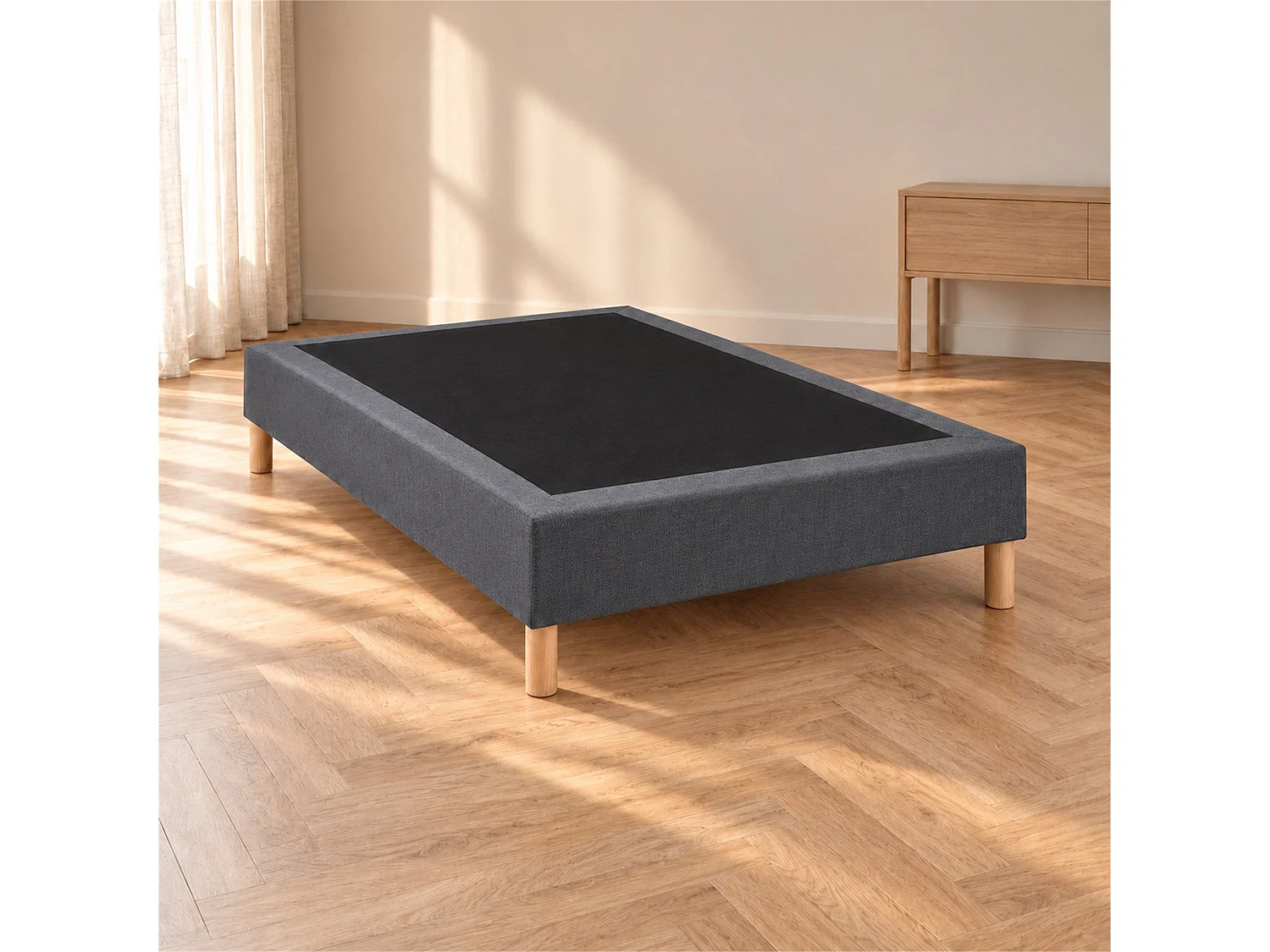 Sommier tapissier déco 140x190 cm Gris - Hauteur 35 cm - Caisse 20 cm - Pieds inclus