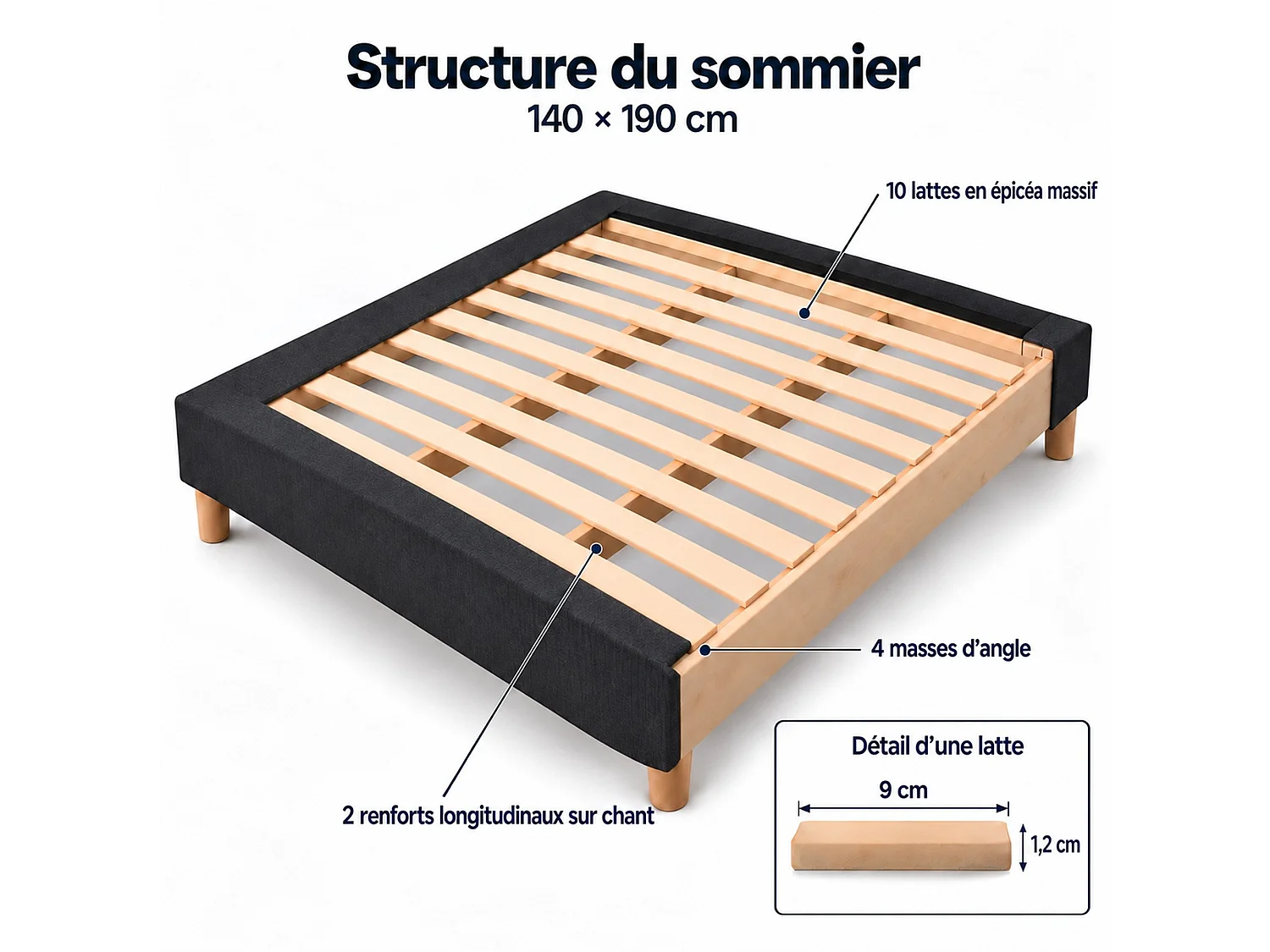 Sommier tapissier déco 140x190 cm Gris - Hauteur 35 cm - Caisse 20 cm - Pieds inclus