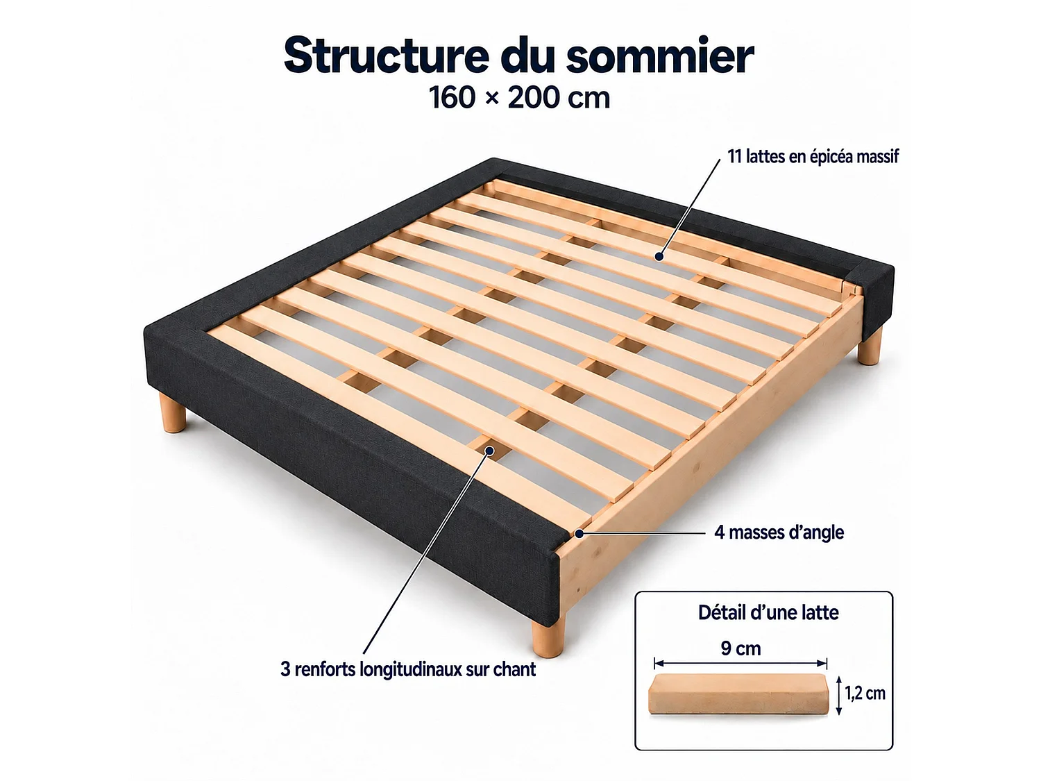 Sommier tapissier déco 160x200 cm Gris - Hauteur 35 cm - Caisse 20 cm - Pieds Inclus