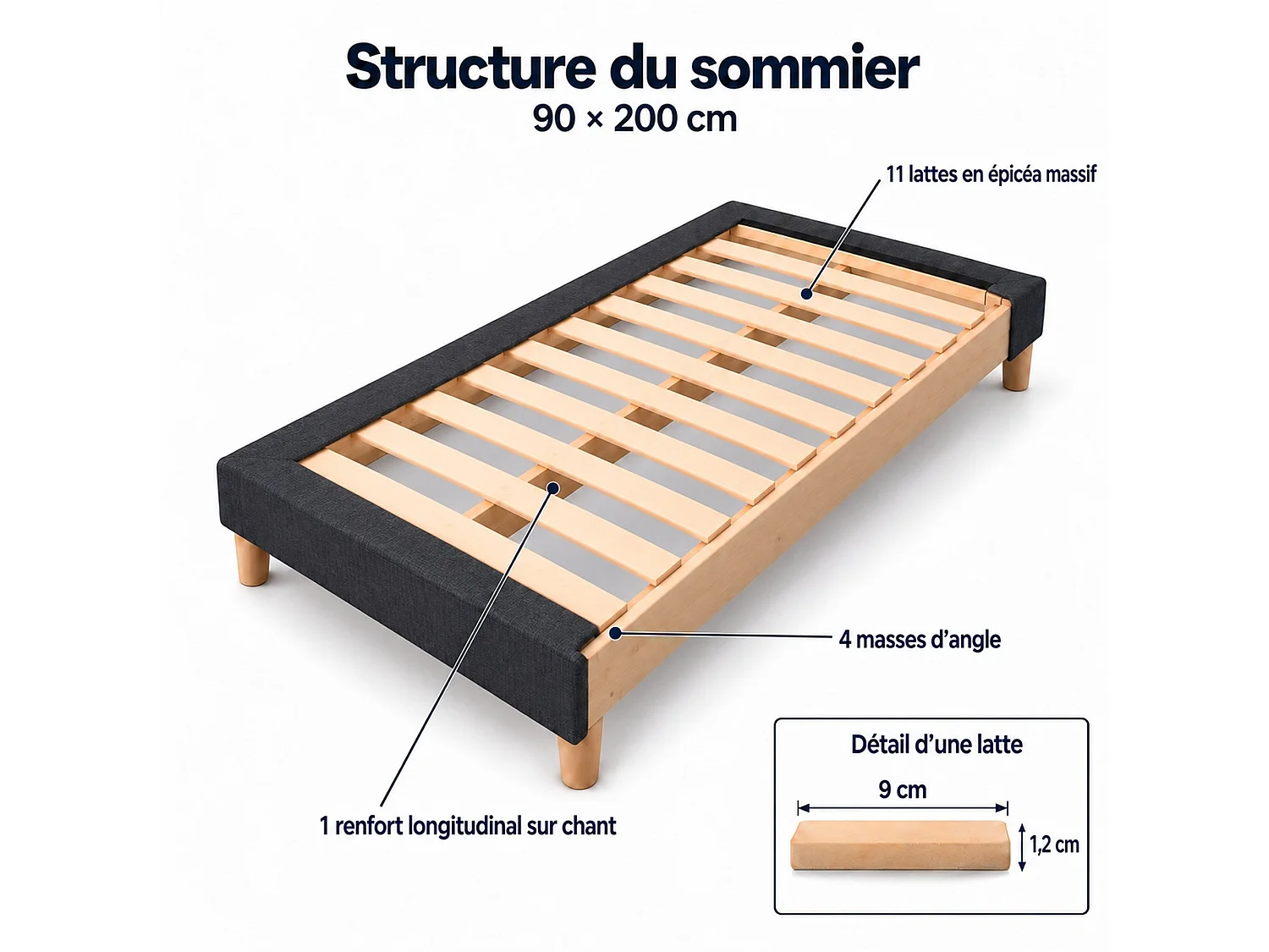 Sommier tapissier déco 90x200 cm Gris - Hauteur 30 cm - Pieds inclus