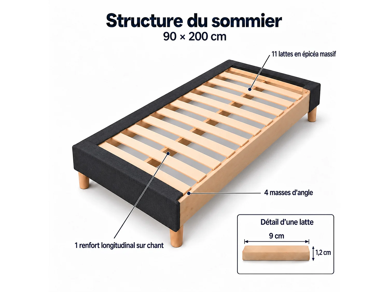 Sommier tapissier déco 90x200 cm Gris - Hauteur 35 cm - Caisse 20 cm - Pieds inclus