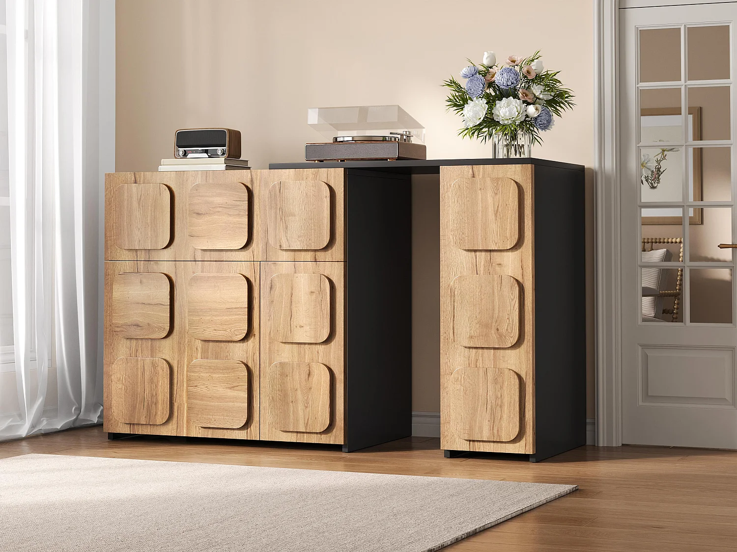 Buffet Commode Extensible 107,5-158,5cm - Meuble de Rangement Modulaire avec Système Push-To-Open, Tiroirs et Niches
