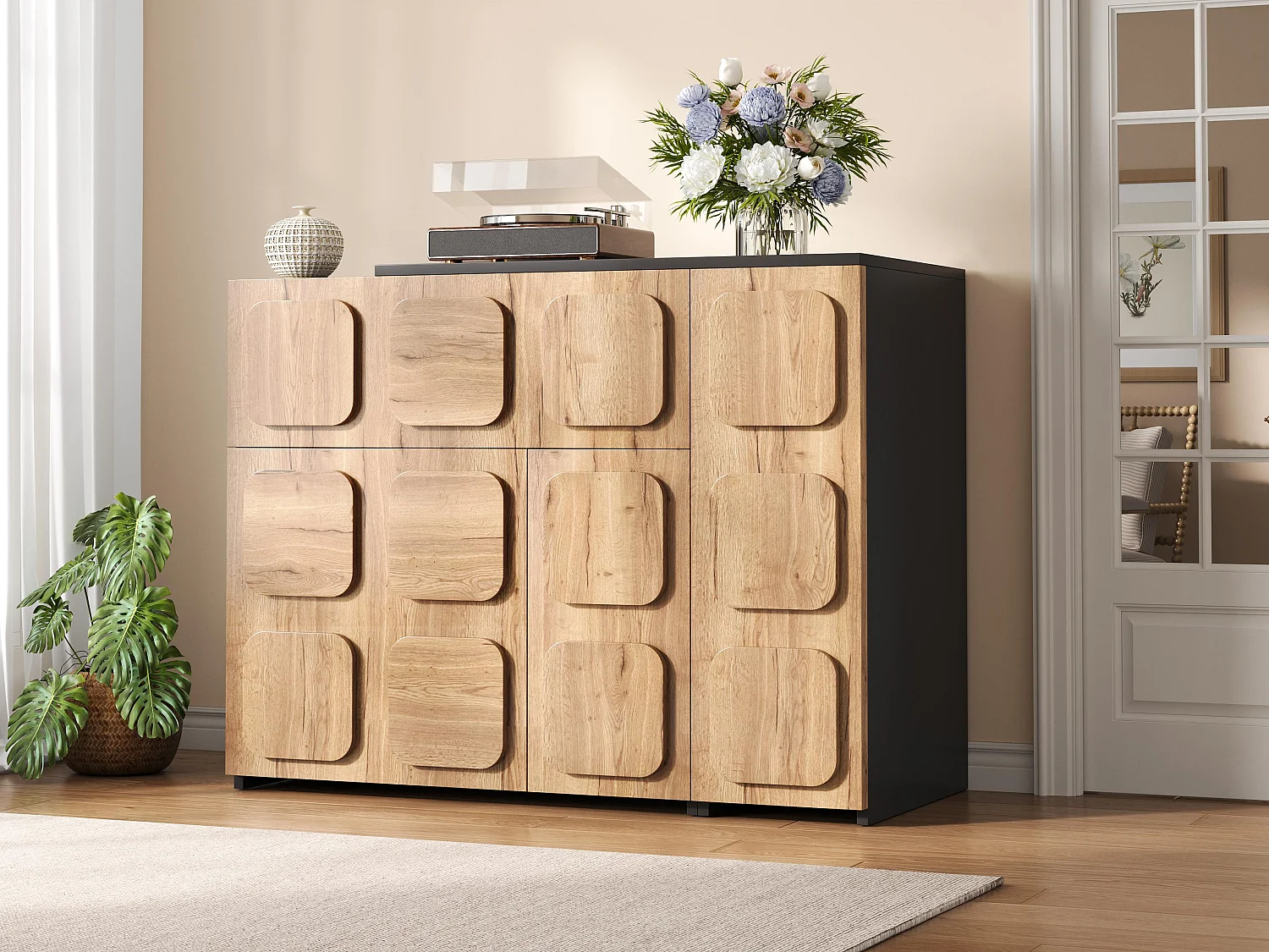 Buffet Commode Extensible 107,5-158,5cm - Meuble de Rangement Modulaire avec Système Push-To-Open, Tiroirs et Niches