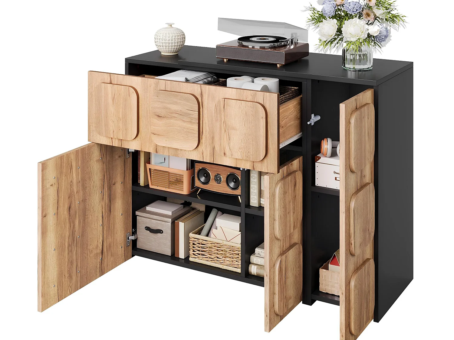 Buffet Commode Extensible 107,5-158,5cm - Meuble de Rangement Modulaire avec Système Push-To-Open, Tiroirs et Niches